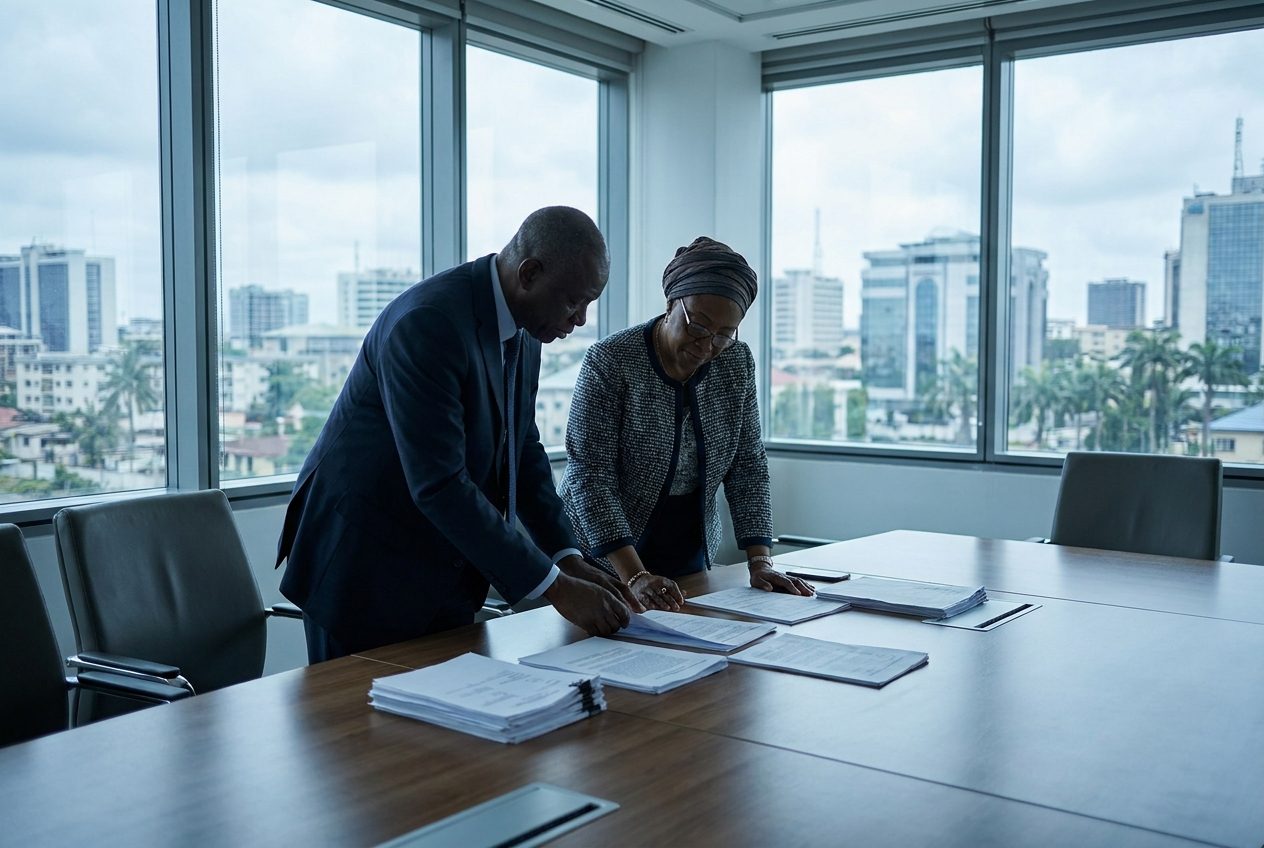 Two executives reviewing loan portfolio documents in a Lagos boardroom