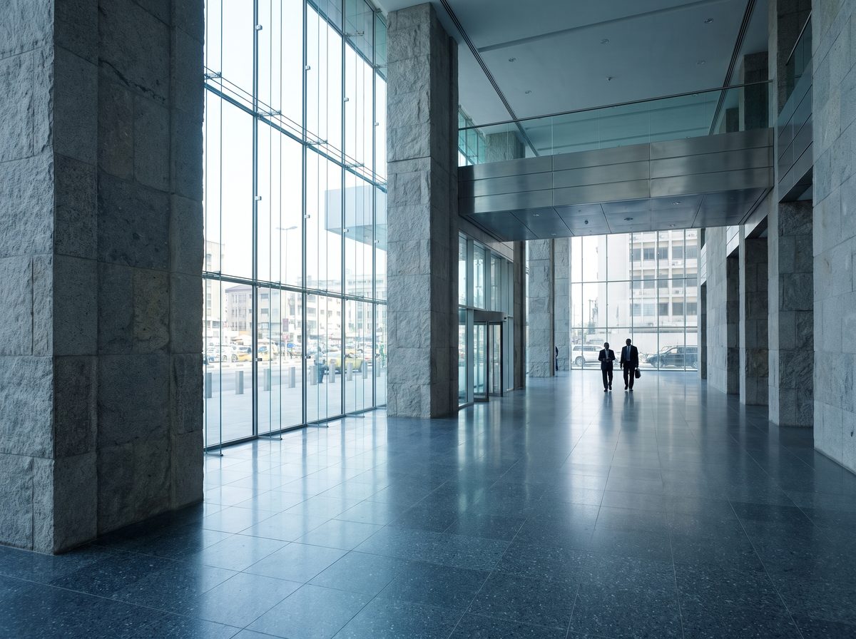 The lobby of a modern commercial bank headquarters