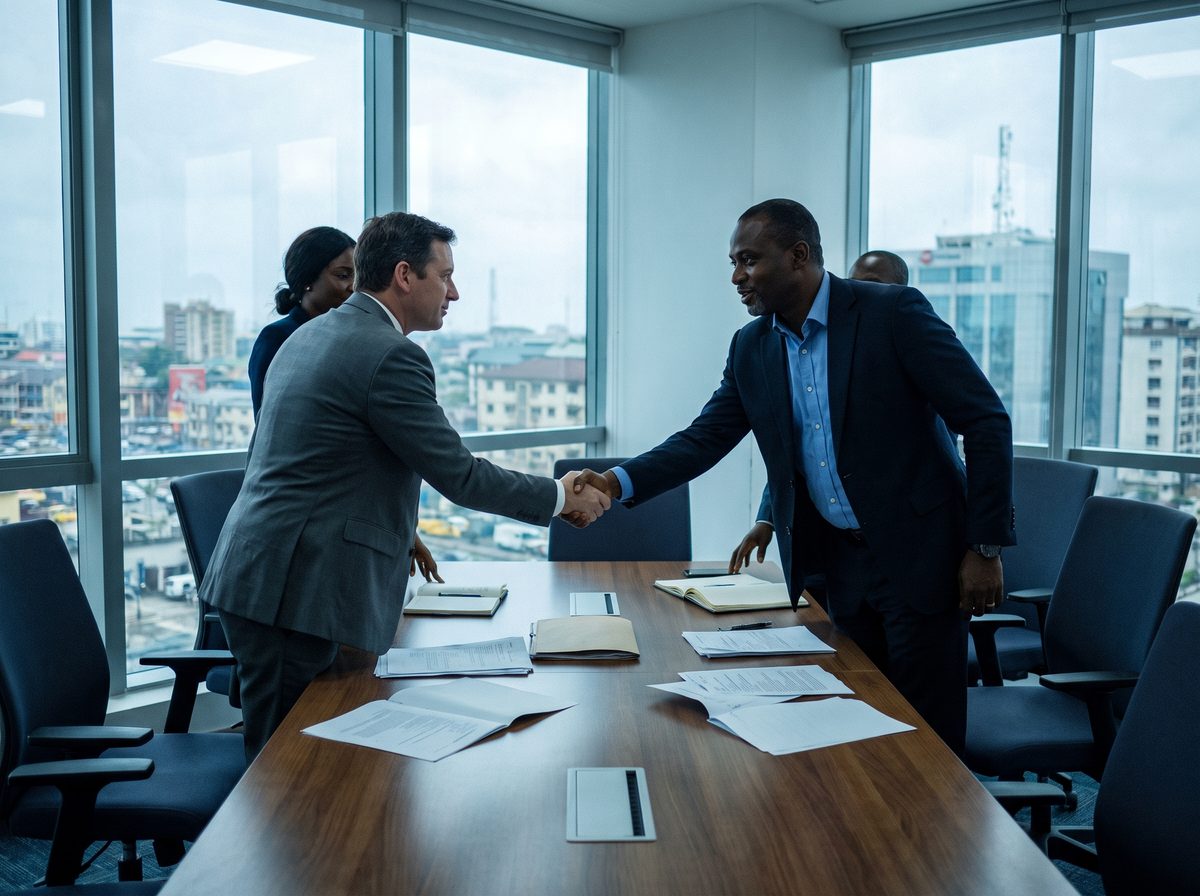 An executive and an investor shaking hands at the close of a boardroom meeting