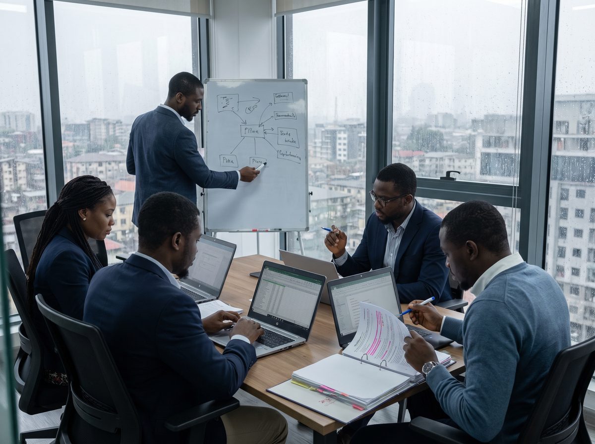 Consultants working through due diligence binders in a glass-walled meeting room