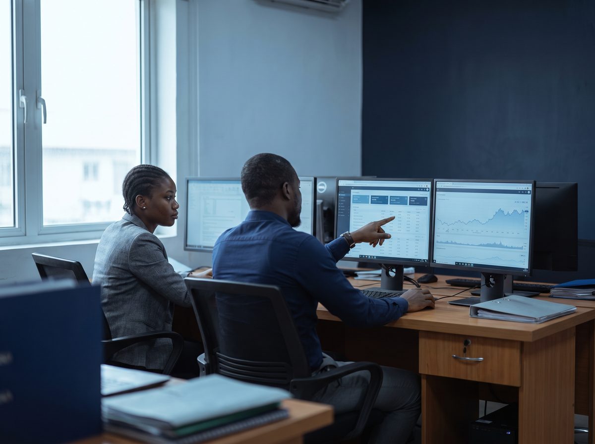 Analysts at workstations working through portfolio dashboards
