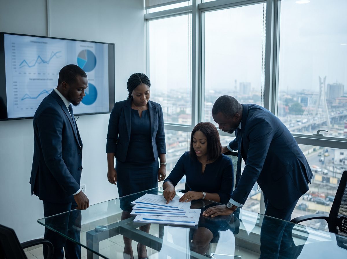 An investment team reviewing financial models around a table in a Lagos office