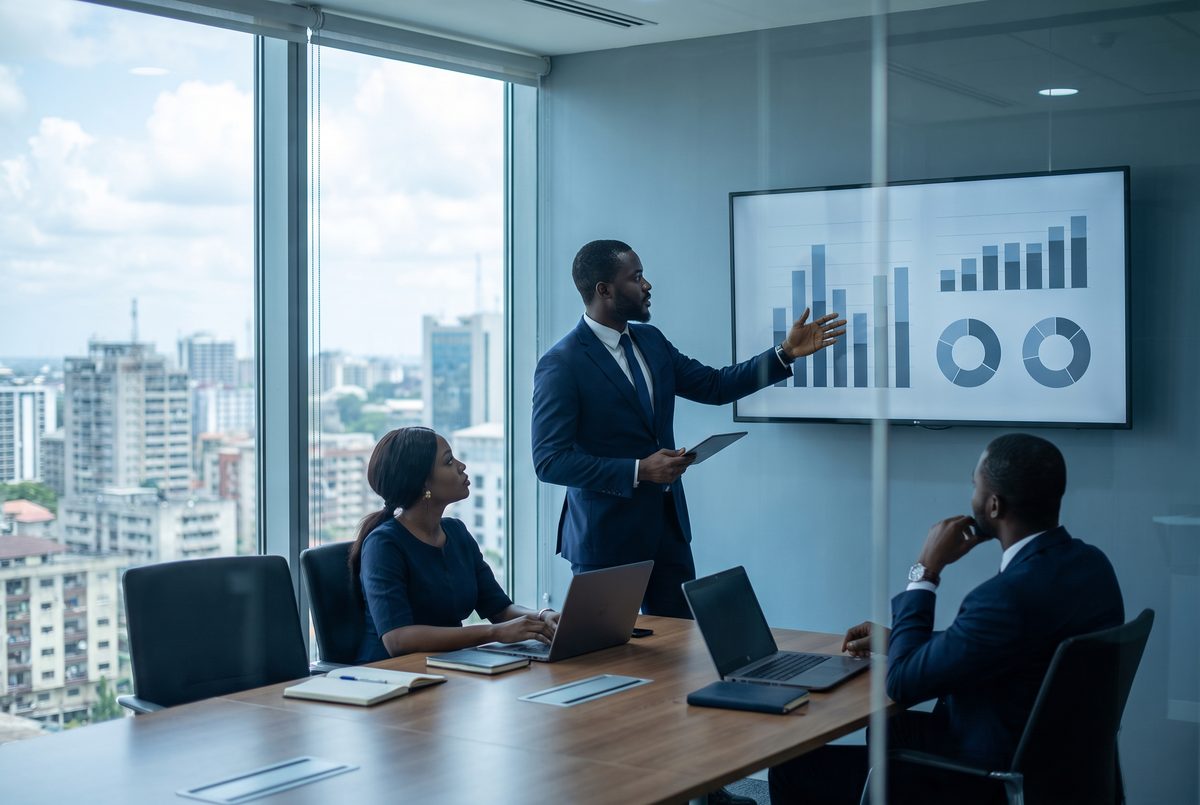 A portfolio manager walking colleagues through a portfolio breakdown on screen